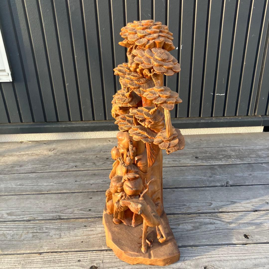 昭和レトロ 天然木 一刀彫 極上彫 七福神 寿老人 鹿 大型 置物 オブジェ