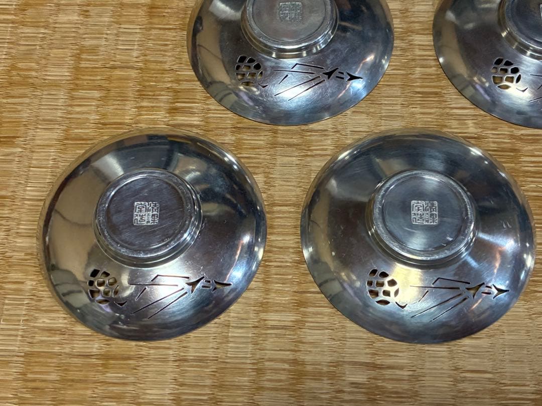 錫製 精課堂造 透かし 圓式茶托 五客 共箱