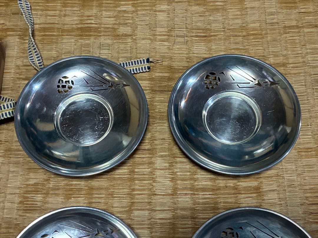 錫製 精課堂造 透かし 圓式茶托 五客 共箱