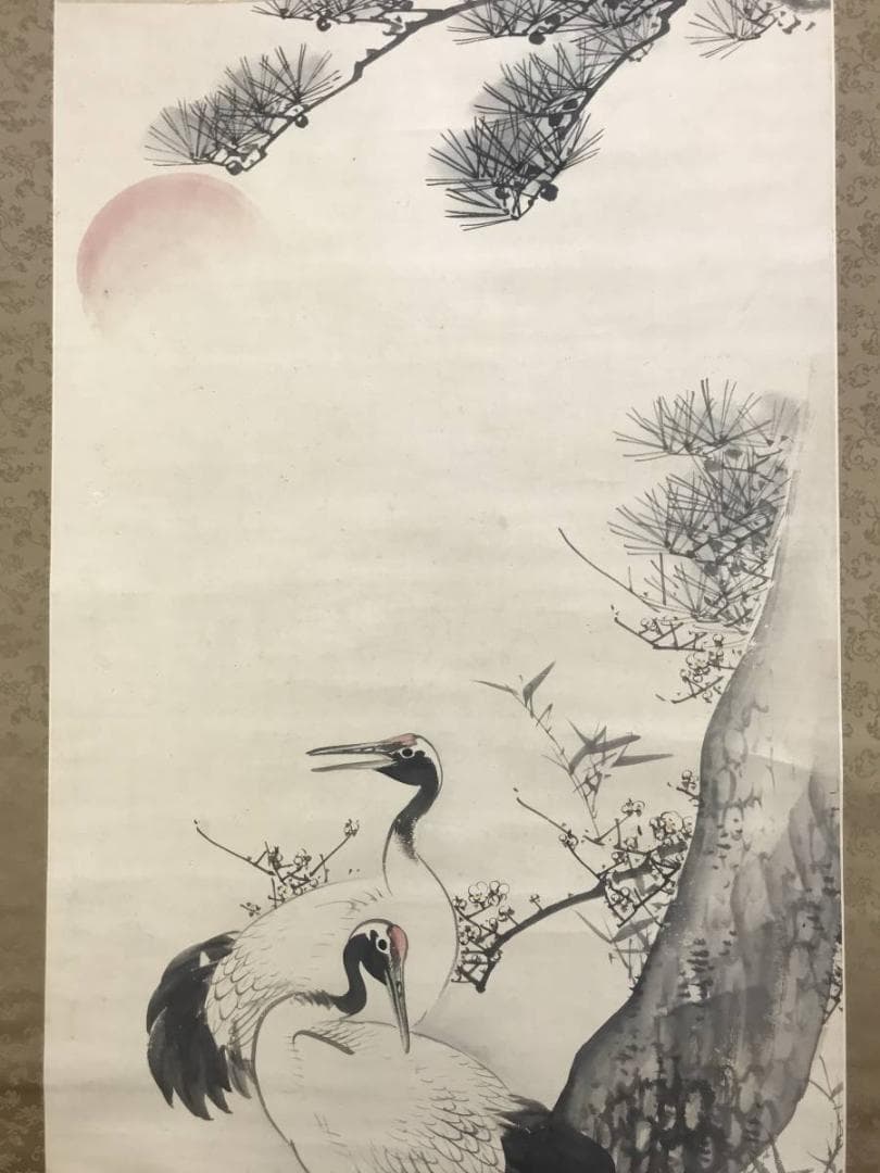 【真作】藤井松林/松竹梅鶴亀図/鶴亀図/正月掛/掛軸/名家伝来/AD-345