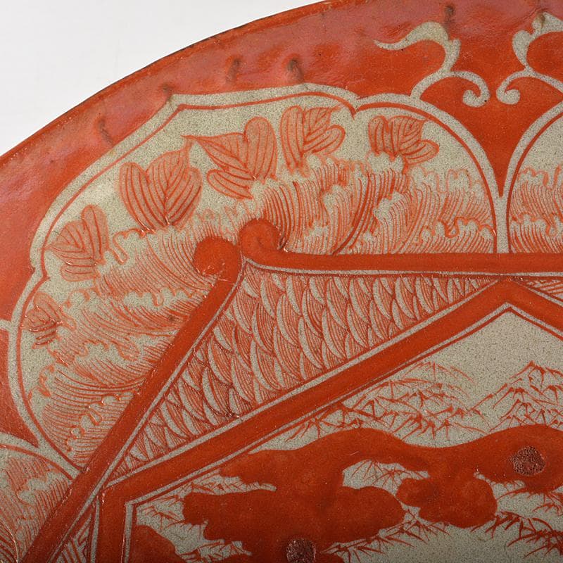 九谷焼　古九谷　赤絵　人物文　大皿　飾皿　角福銘　直径約36cm　MR7218B