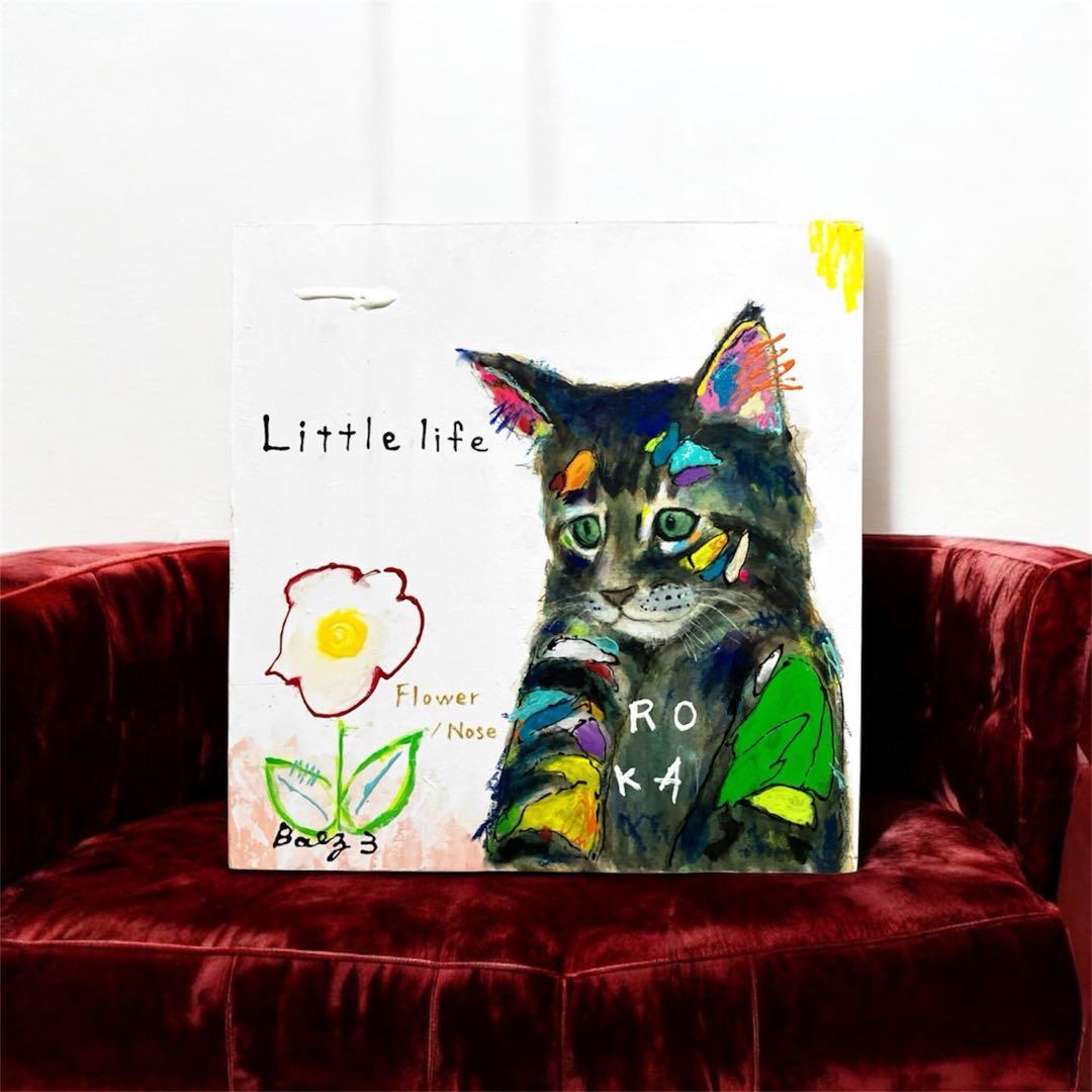 猫の絵　絵画　アクリル画　花　メインクーン　木製パネル　BAEZ3