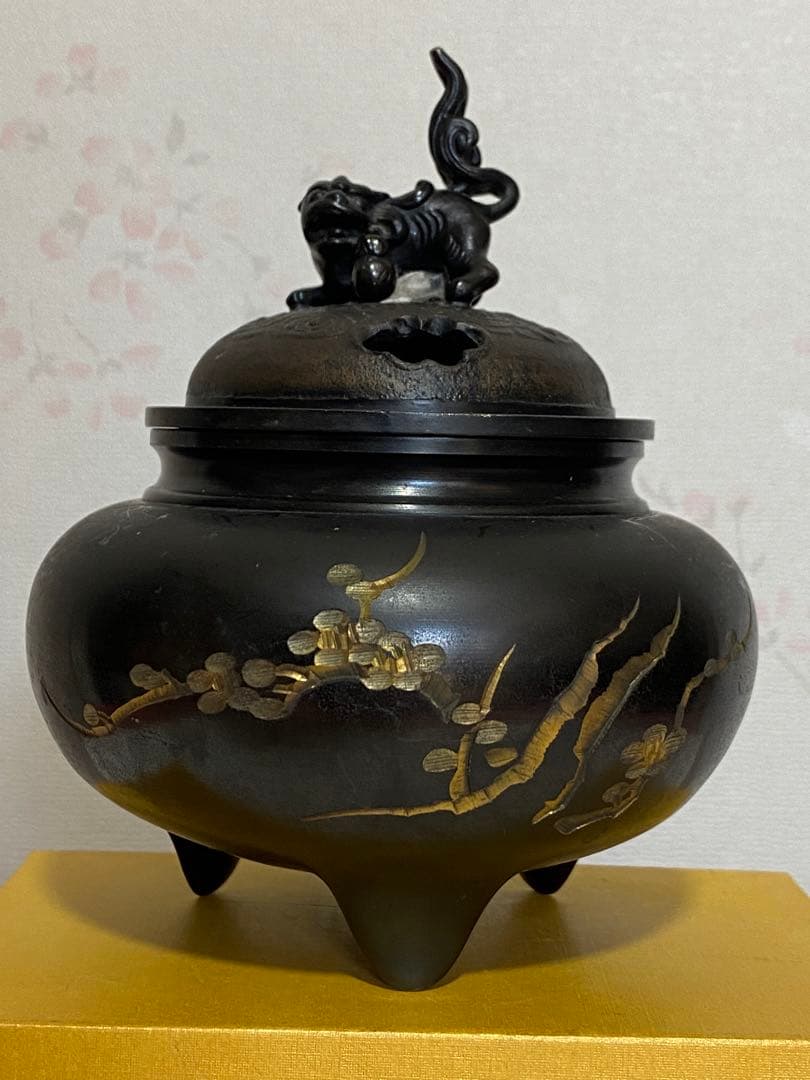 ♦獅子飾り 三足香炉 ？高岡銅器 銅製 唐金 香道具 置物 飾り 骨董品