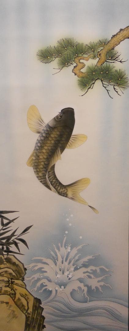 掛け軸 靖風 勝鯉之図 絹本 希少 軸装 茶道具 掛軸 美品 です。