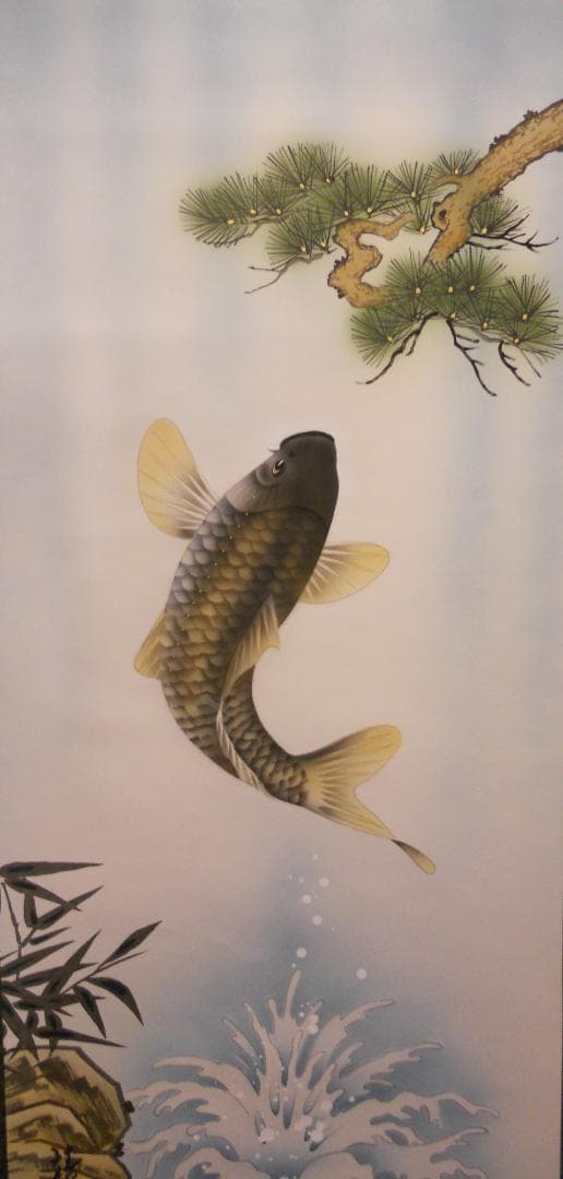 掛け軸 靖風 勝鯉之図 絹本 希少 軸装 茶道具 掛軸 美品 です。