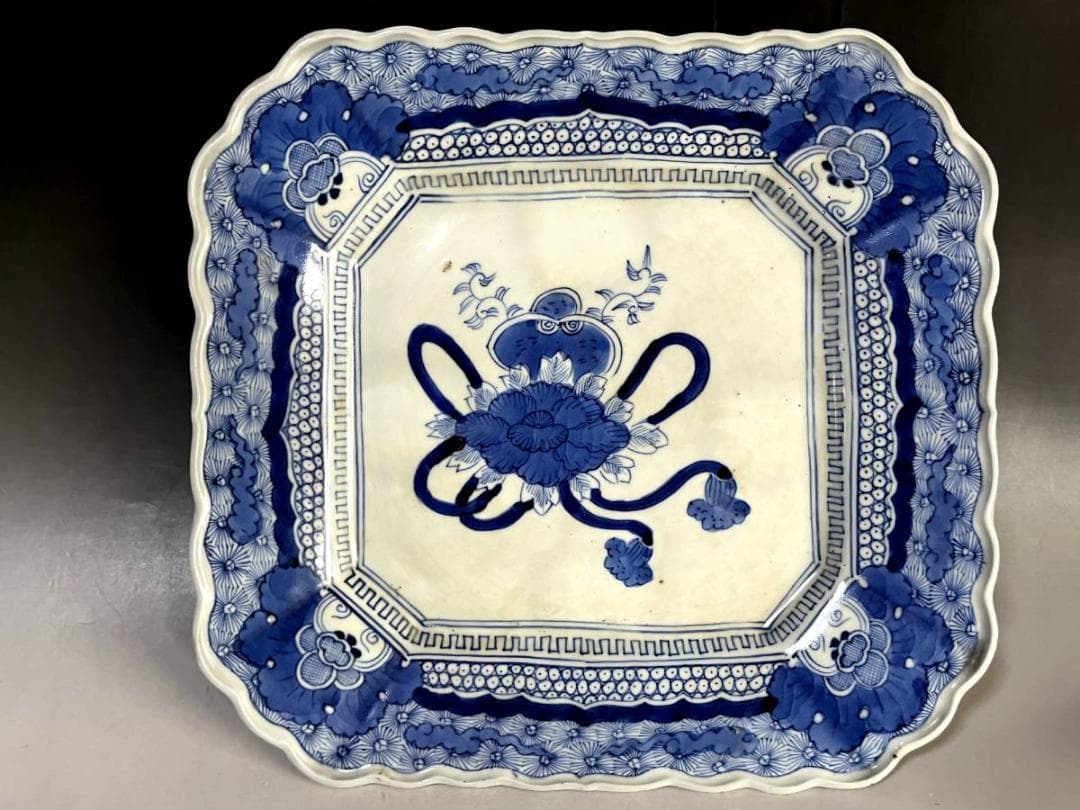 大皿■江戸中期 染付花唐草 牡丹 菊紋 凱 飾り皿 青華 古美術 時代物 骨董■