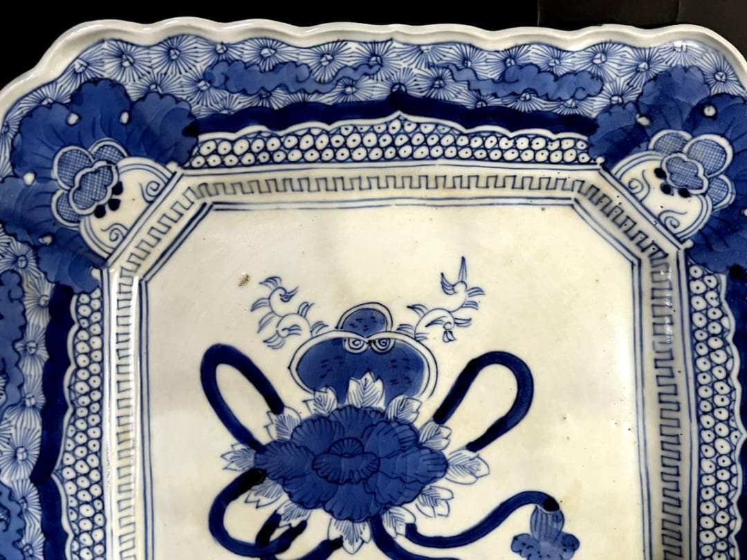 大皿■江戸中期 染付花唐草 牡丹 菊紋 凱 飾り皿 青華 古美術 時代物 骨董■