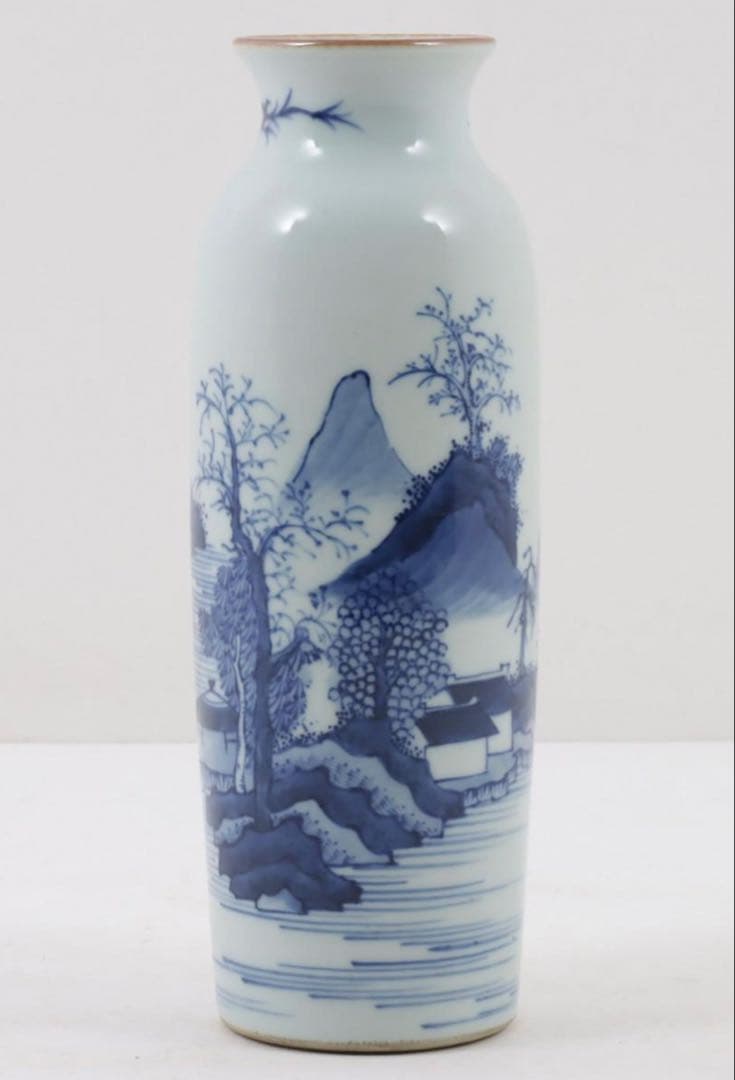 中国古美術品　清の早期　康熙　染付　青花風景筒瓶 H22.7×W7.9cm 合箱
