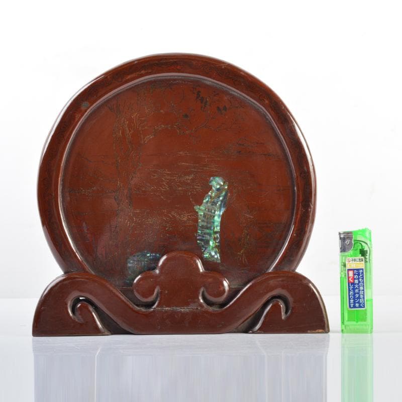 中国　象嵌螺鈿装飾　山水人物文　硯屏　V　4496