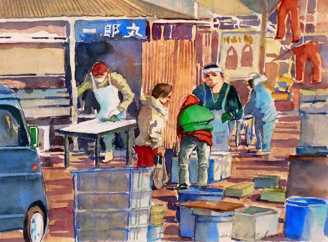 朝市の風景 水彩画 額装済み 原画 F6サイズ