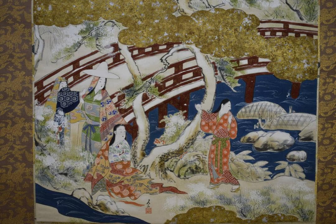 真作/岡島良山/山水人物図/桐箱二重箱付/布袋屋掛軸HE-871