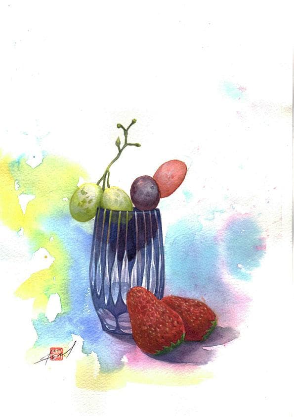 水彩アート「江戸切子と果実　弐」1点物、手描き、真筆。