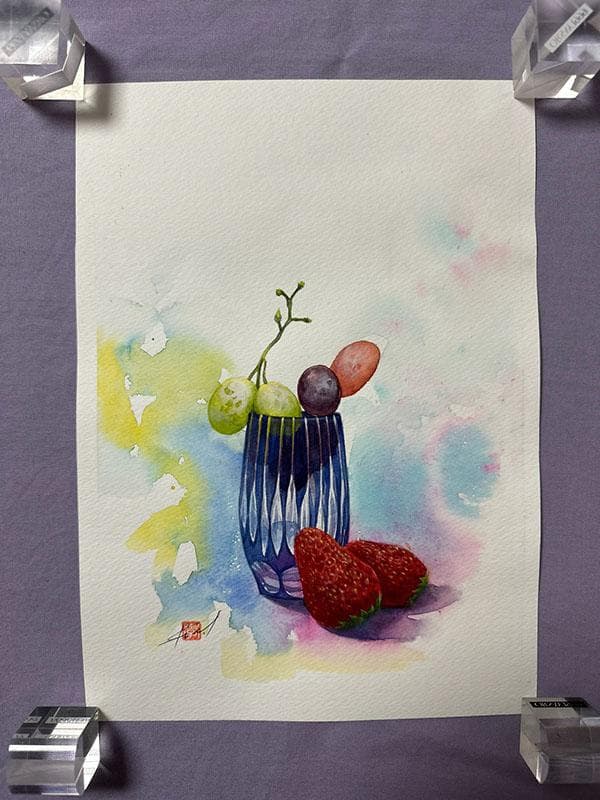 水彩アート「江戸切子と果実　弐」1点物、手描き、真筆。