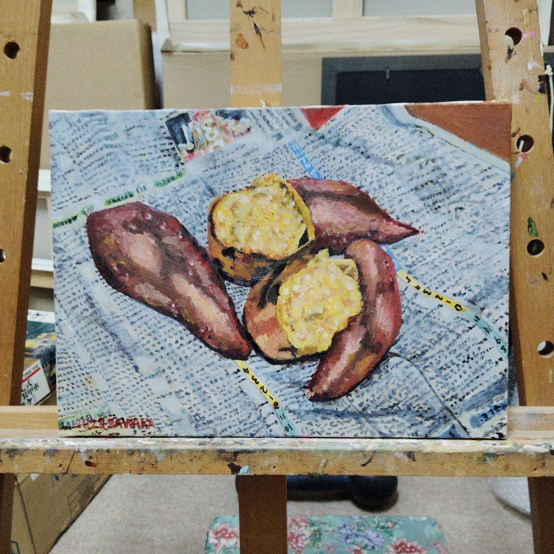 絵画、油彩、秋の焼き芋、佐原聖春、F4号