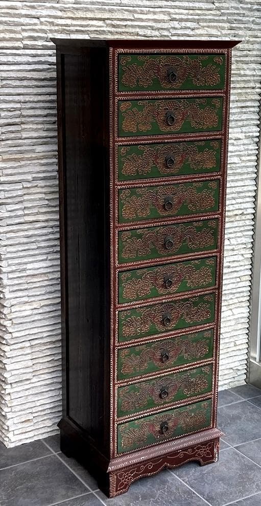 アンティーク　シノワズリ　１０段引出し　チェスト　東洋家具　唐箪笥　中国風文様