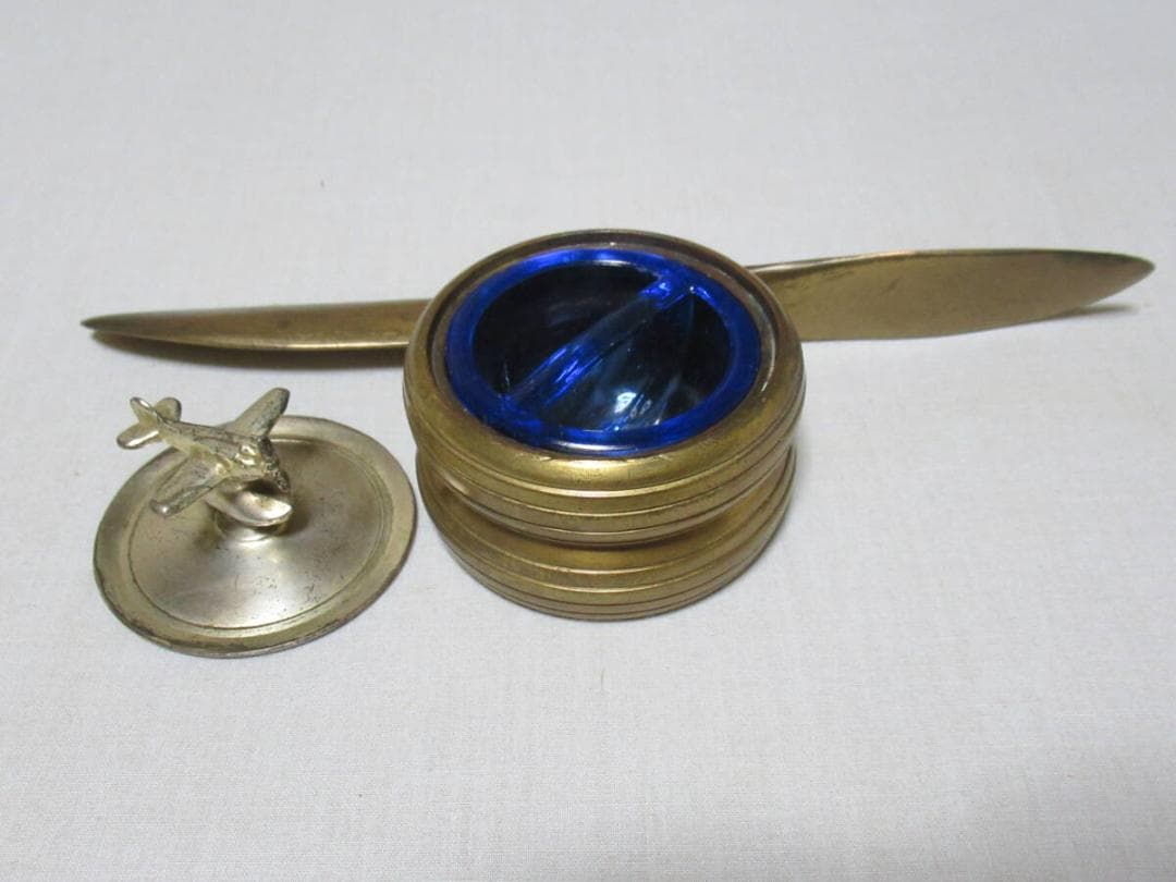 希少 昭和初期◆真鍮製 戦闘機プロペラ型 インク壺/インクスタンド フタは戦闘機