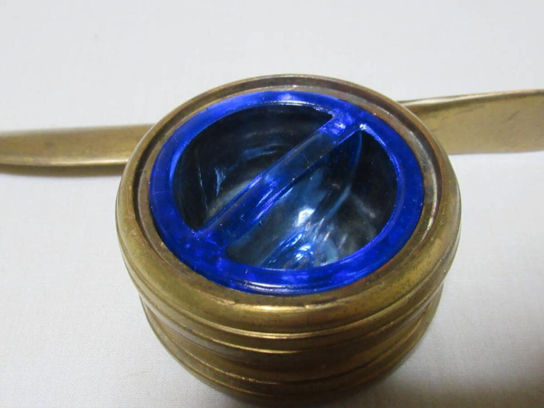 希少 昭和初期◆真鍮製 戦闘機プロペラ型 インク壺/インクスタンド フタは戦闘機