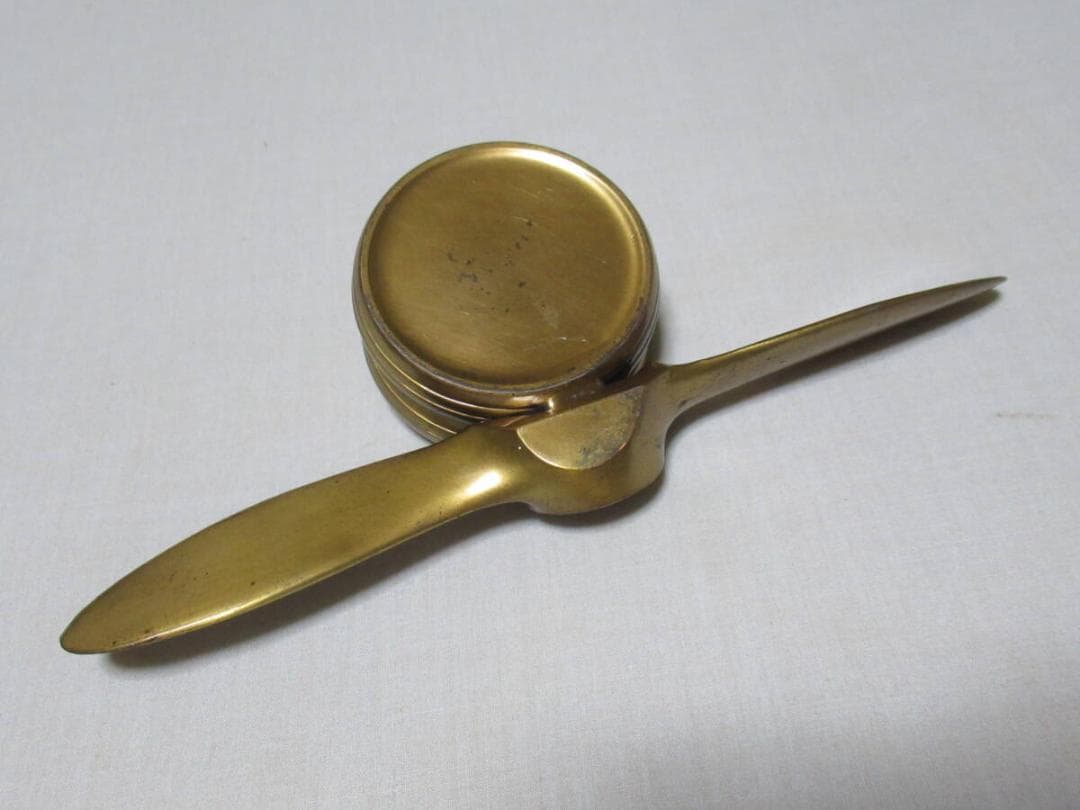 希少 昭和初期◆真鍮製 戦闘機プロペラ型 インク壺/インクスタンド フタは戦闘機