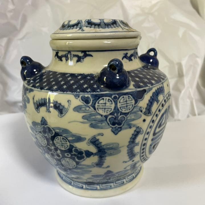 染付　中国　水差し　急須　ポット　龍　蝙蝠　福　アンティーク　China  藍