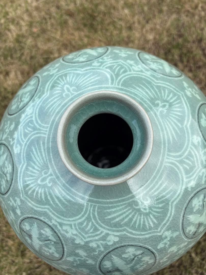 海剛 作　象嵌大壺　高さ43cm 鶴文　大型花瓶　韓国青磁　美品　陶磁器 置物