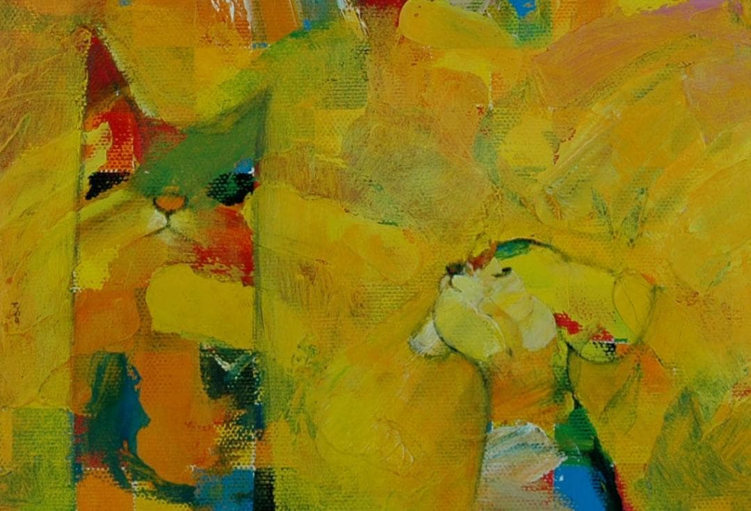 油絵 菅家令子 絵 絵画 インテリア uF6-071119 可愛い子犬と猫