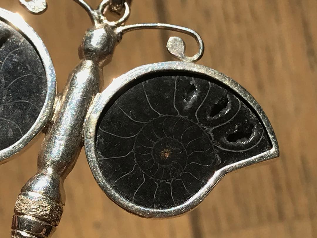 【限定出品】マダガスカル産　ブラックアンモナイト化石使用　ペンダントトップ　蝶々