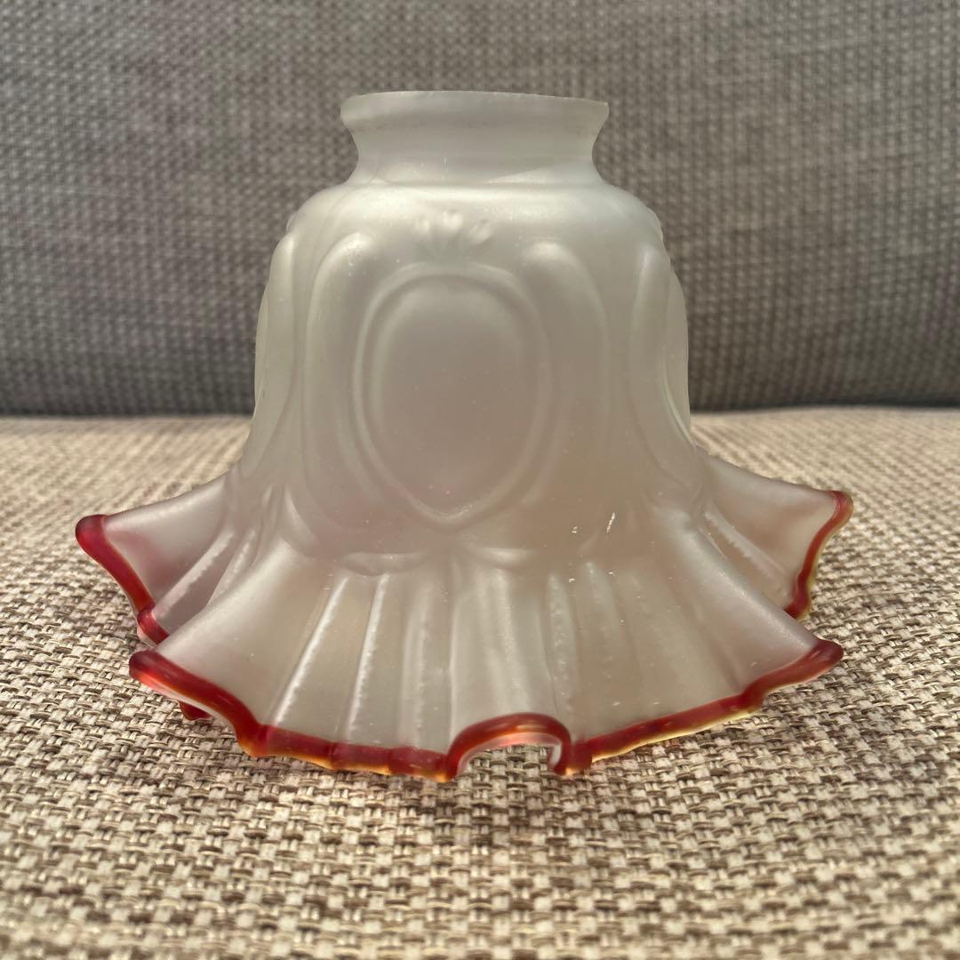 ランプシェード　フロストガラス　赤縁フリル　昭和レトロ　日本製　(14)