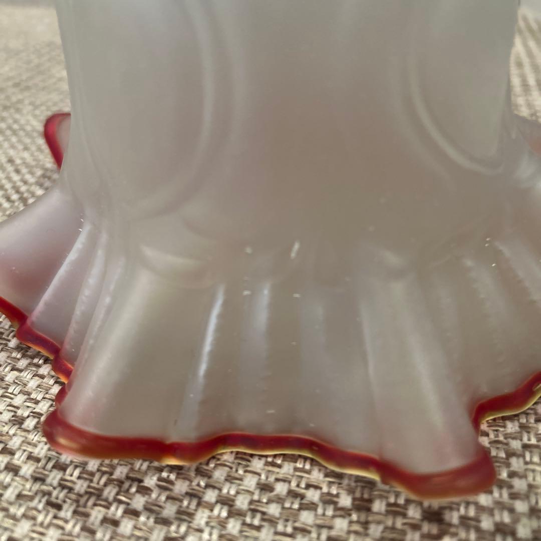 ランプシェード　フロストガラス　赤縁フリル　昭和レトロ　日本製　(14)