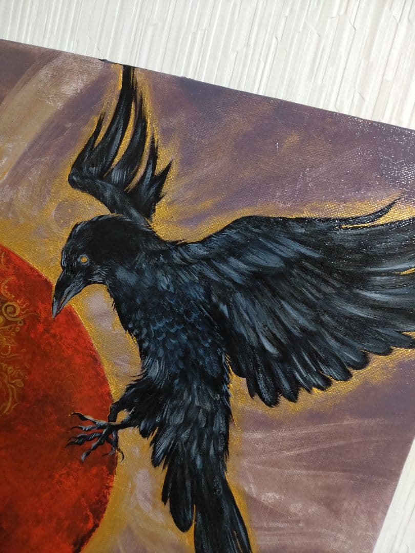 カラスの油絵◆1点物絵画◆アイヌ模様/パワーアート/真作/作者サイン入り