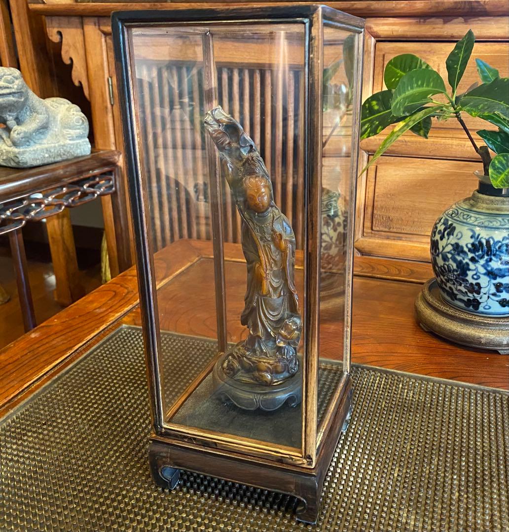 彫刻　弥勒菩薩　バッファロー角 鑑賞台座ケース付　３点セット ヴィンテージ　レア