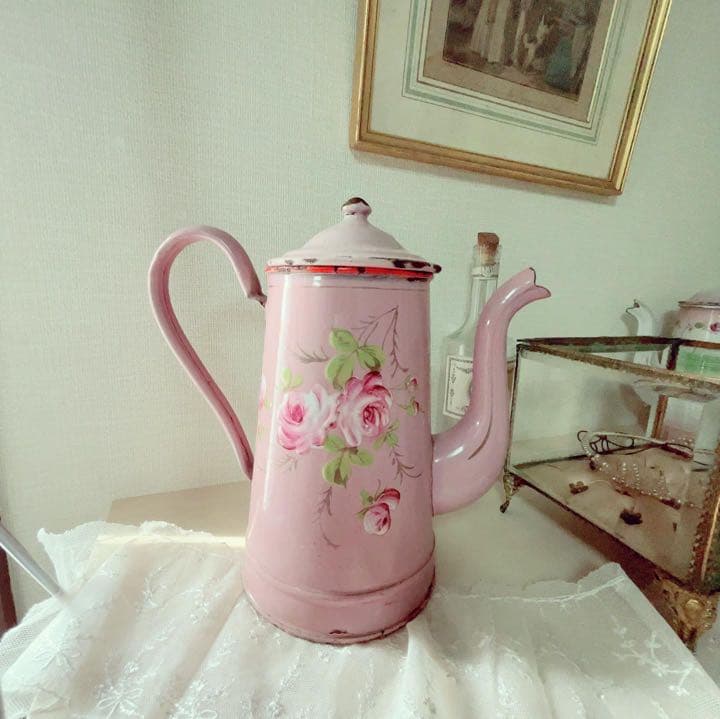 セールフランスアンティーク　ローズペイントの美しいピンクのホーロー ポット　希少