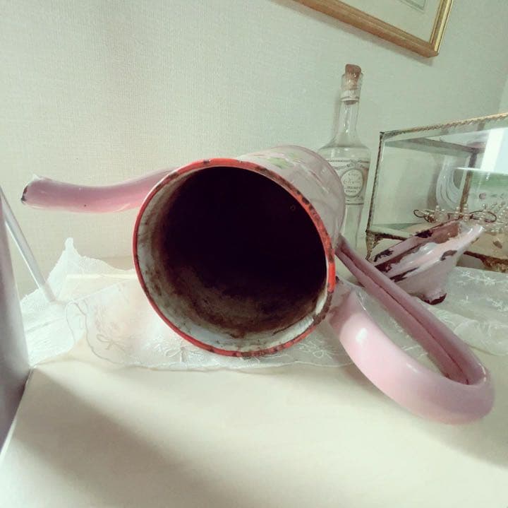 セールフランスアンティーク　ローズペイントの美しいピンクのホーロー ポット　希少