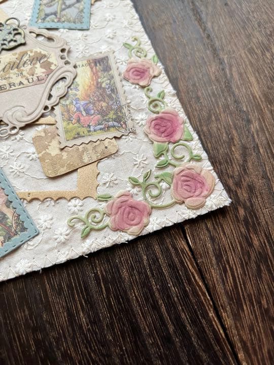 ジャンクジャーナル素材　薔薇【淡赤】　コーヒー染め　エンボスペーパー　コラージュ