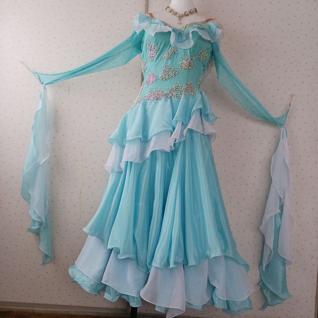 水色オフショルダー社交ダンスドレス