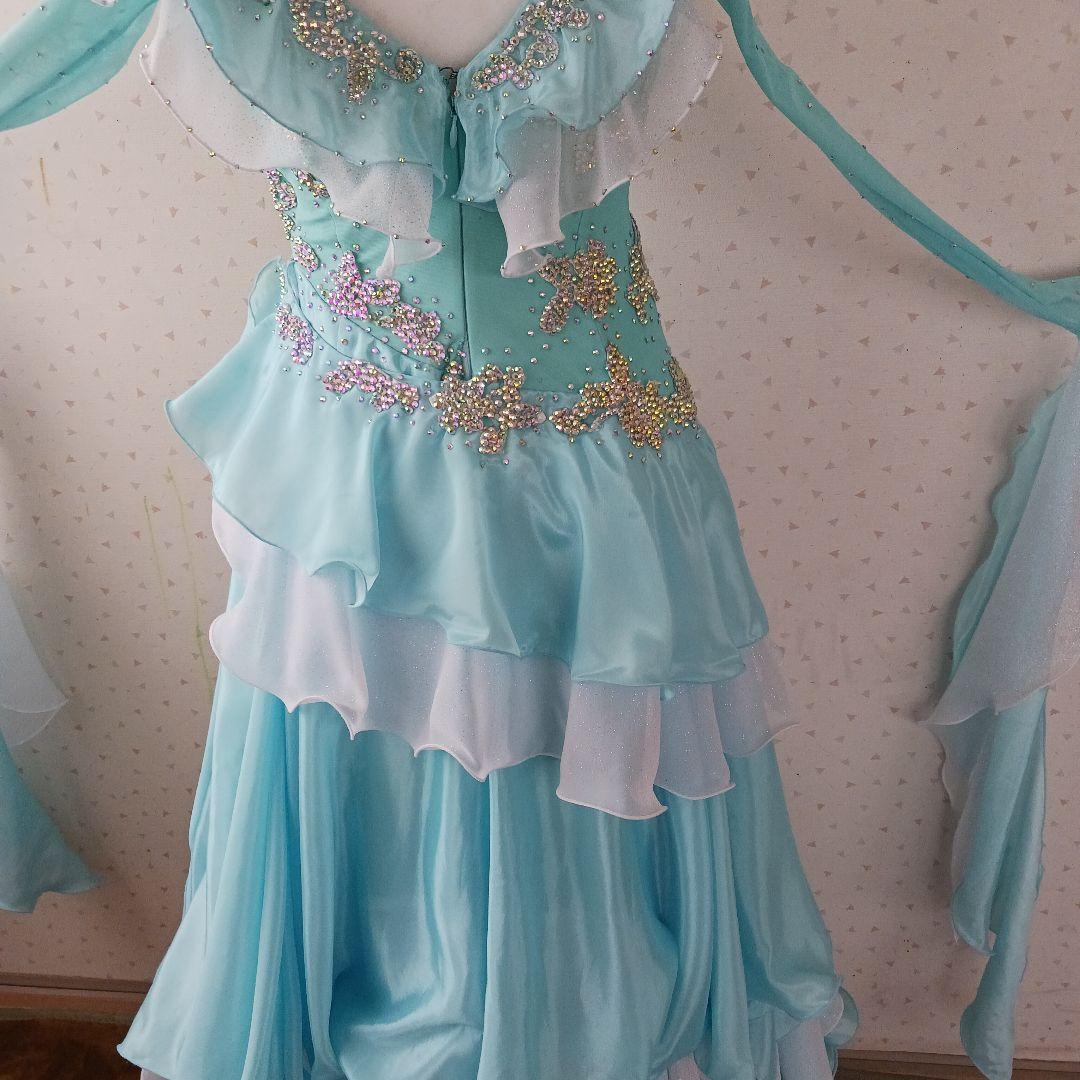 水色オフショルダー社交ダンスドレス