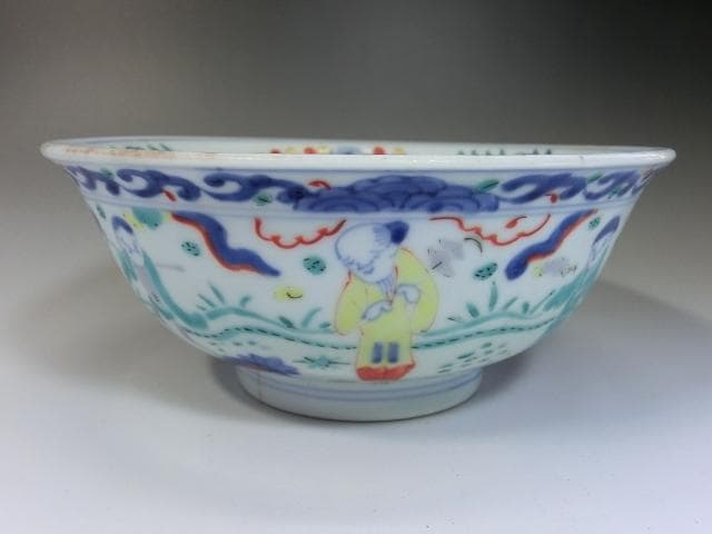 大鉢■太明成化年製銘 のぞき赤龍紋 人物 唐草 古玩 唐物 時代物 骨董品■