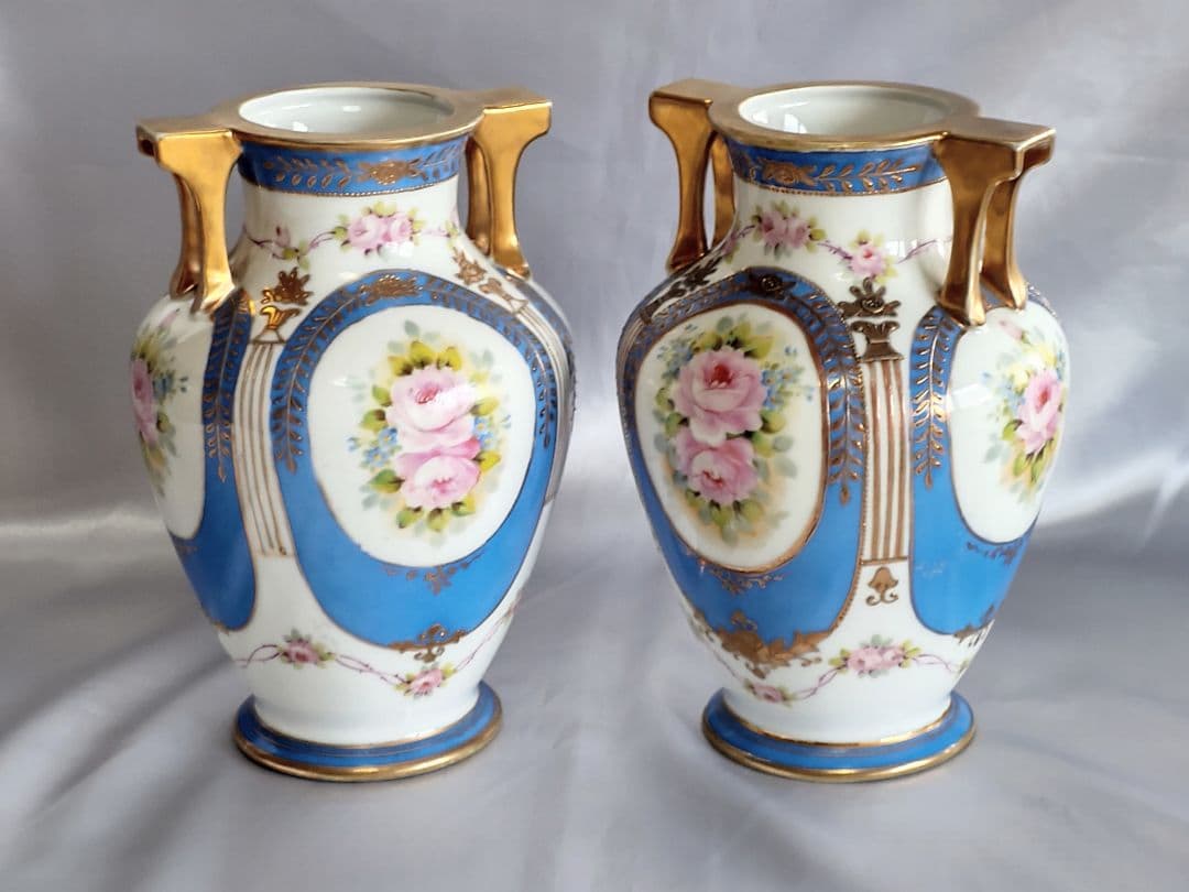 オールドノリタケ 明治期アンティーク マルキ印 青と白の花柄 ペア花瓶２個セット