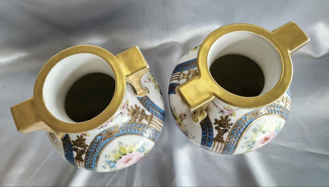 オールドノリタケ 明治期アンティーク マルキ印 青と白の花柄 ペア花瓶２個セット