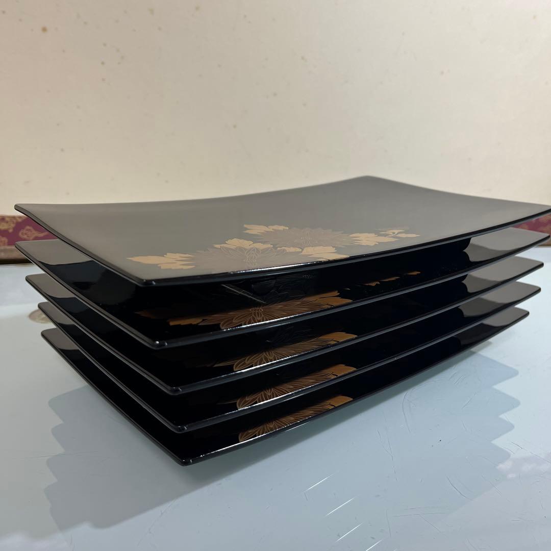 漆器　牡丹蒔絵　さしみ皿　寿司皿　盛り皿　5枚￼