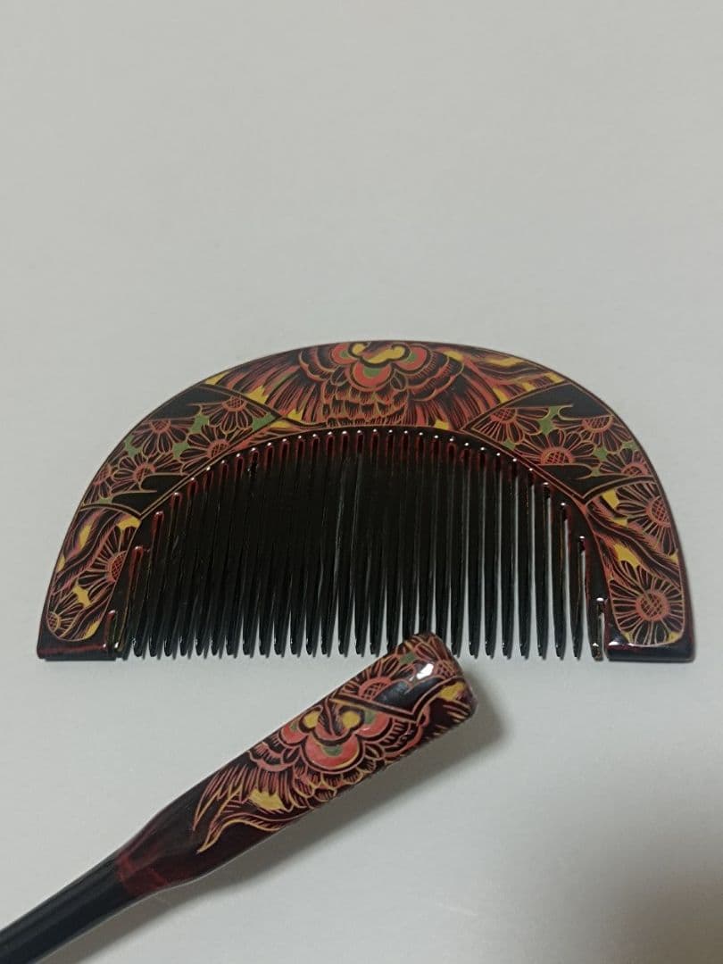 漆塗り花柄櫛とこうがいセット