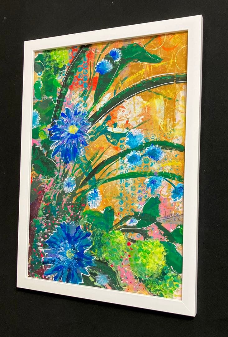 値下げ　原画　花　額付き　静物画　絵画　アクリル画　現代アート　一点物