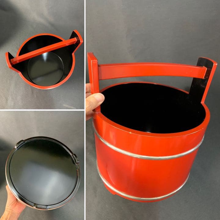 D868 送料無料　朱手桶　水指　秀岳造　共箱　茶室　茶道具　漆芸