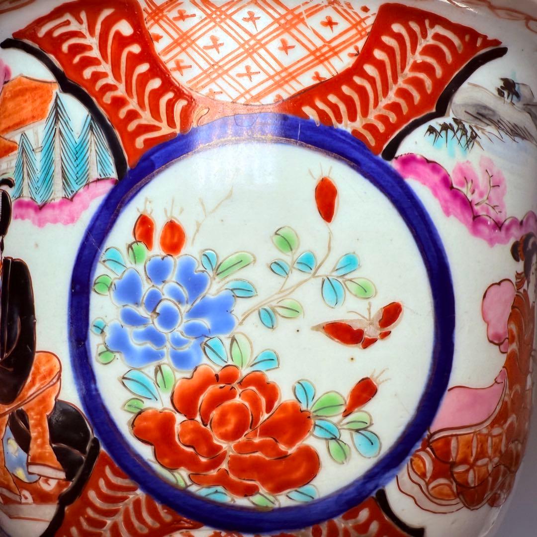 明治～大正期　輸出向　有田焼　色絵人物図　窓絵　アンティーク　植木鉢