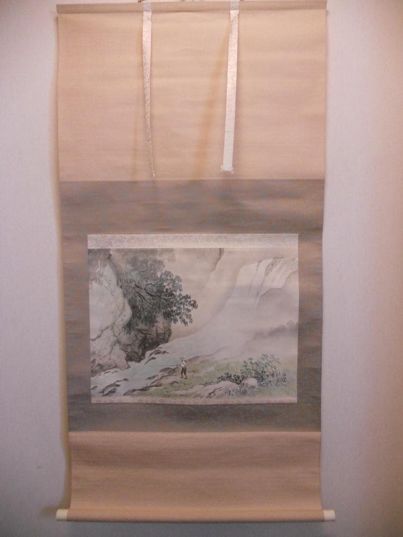 掛け軸 川合玉堂 釣人山水 紙本 名品 複製 希少 軸装 茶道具 掛軸 美品