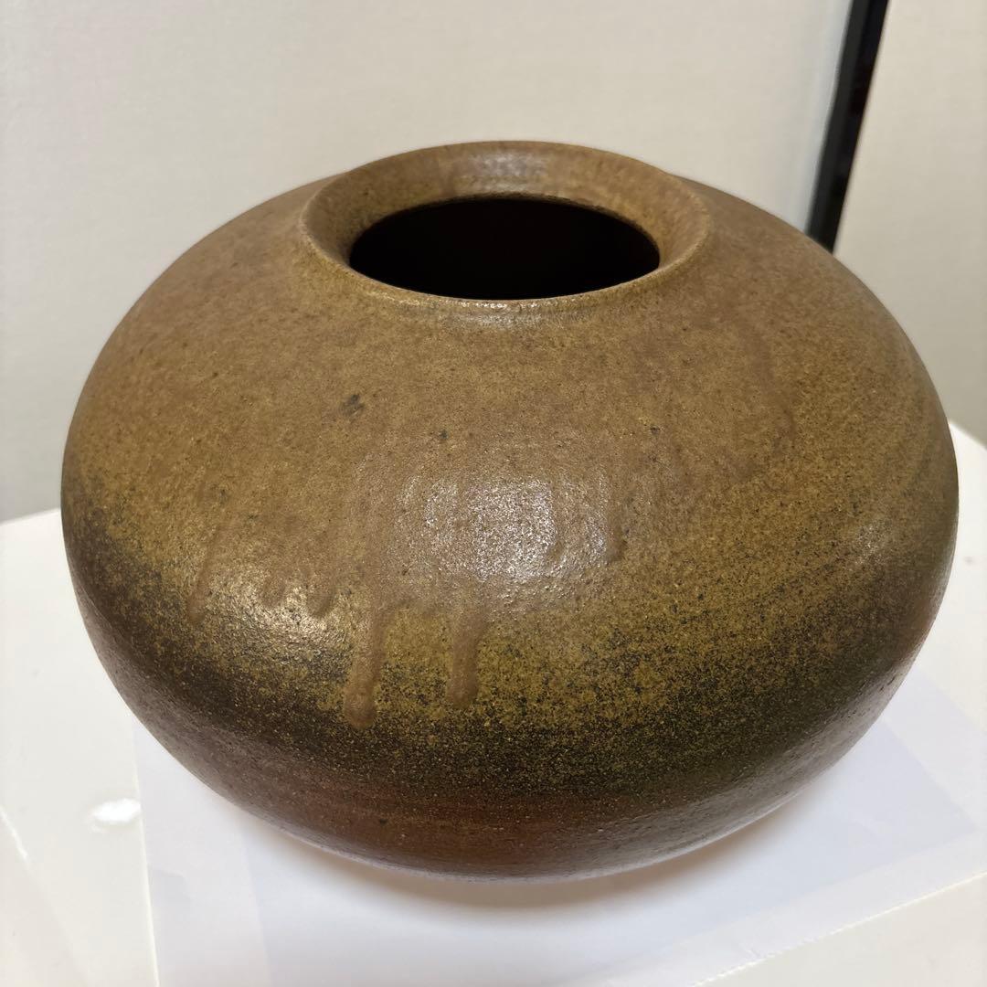 〔備前焼〕壺　茶色 球形 陶器広口 中村　勉作
