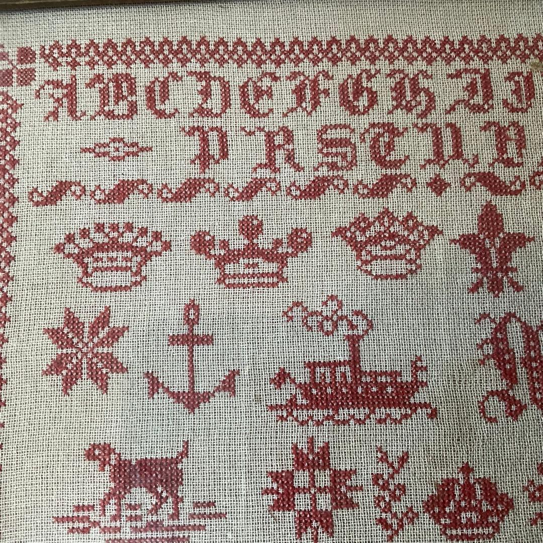 刺繍 フランス アンティーク サンプラー フレーム 1903年 ガラス入り 額装