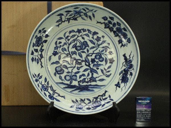 中国美術 青花 枝果紋 皿 φ42.3cm(BB509)
