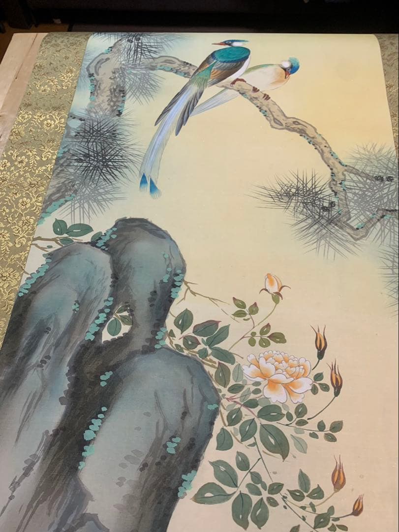 掛け軸 日本画 松に鳥 寿帯宿樹 共箱付き 床の間 縁起物♪