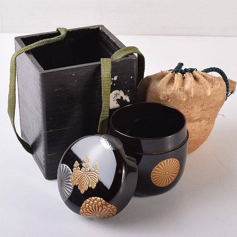 茶道具　黒漆　菊桐蒔絵　棗　仕覆付　時代箱　C　R8623