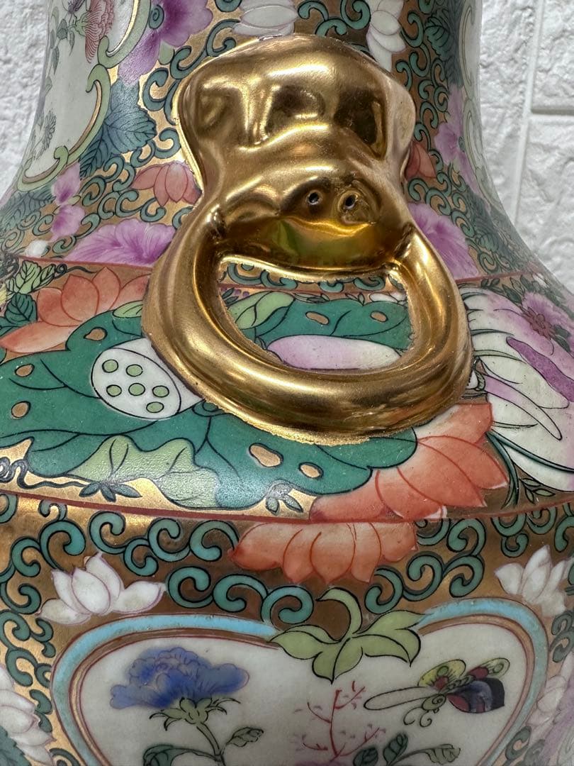 広東絵 粉彩 大花瓶 仕女図 花鳥 46cm 金彩 装飾壺　中国美術